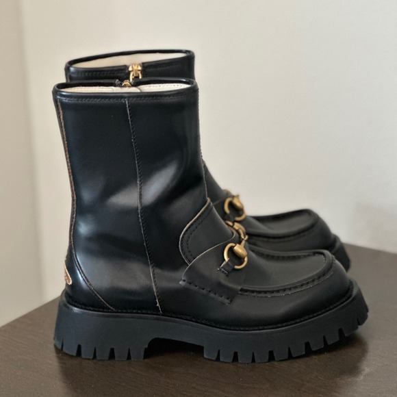 NIB Gucci Cordovan Lux Black Leather Horsebit Bee Embroidered Combat Boots 37.5 - Picture 2 of 15